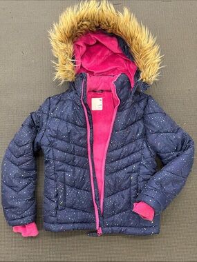 SO Navy Puffer Jacket with Faux-Fur Hood